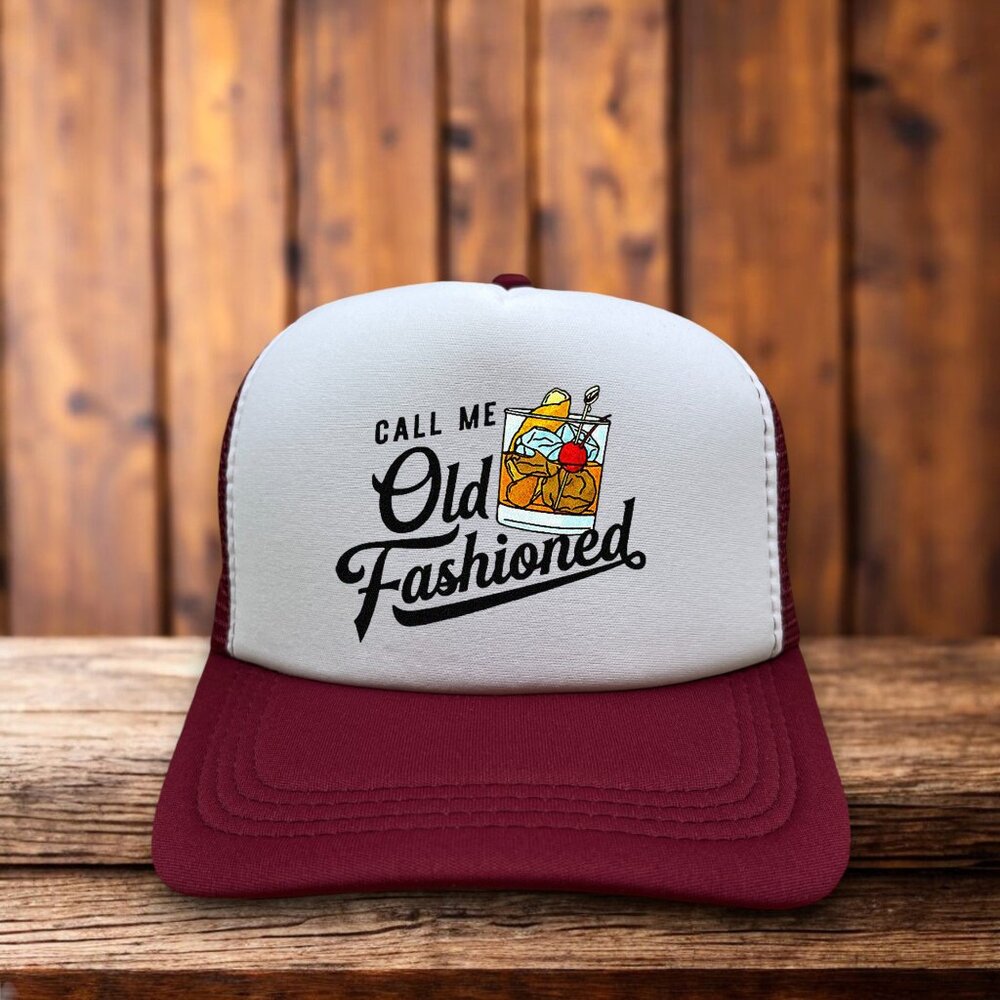 Old Fashioned Cocktail Mens Trucker Hat Maroon Snapback Bourbon Bitters Retro